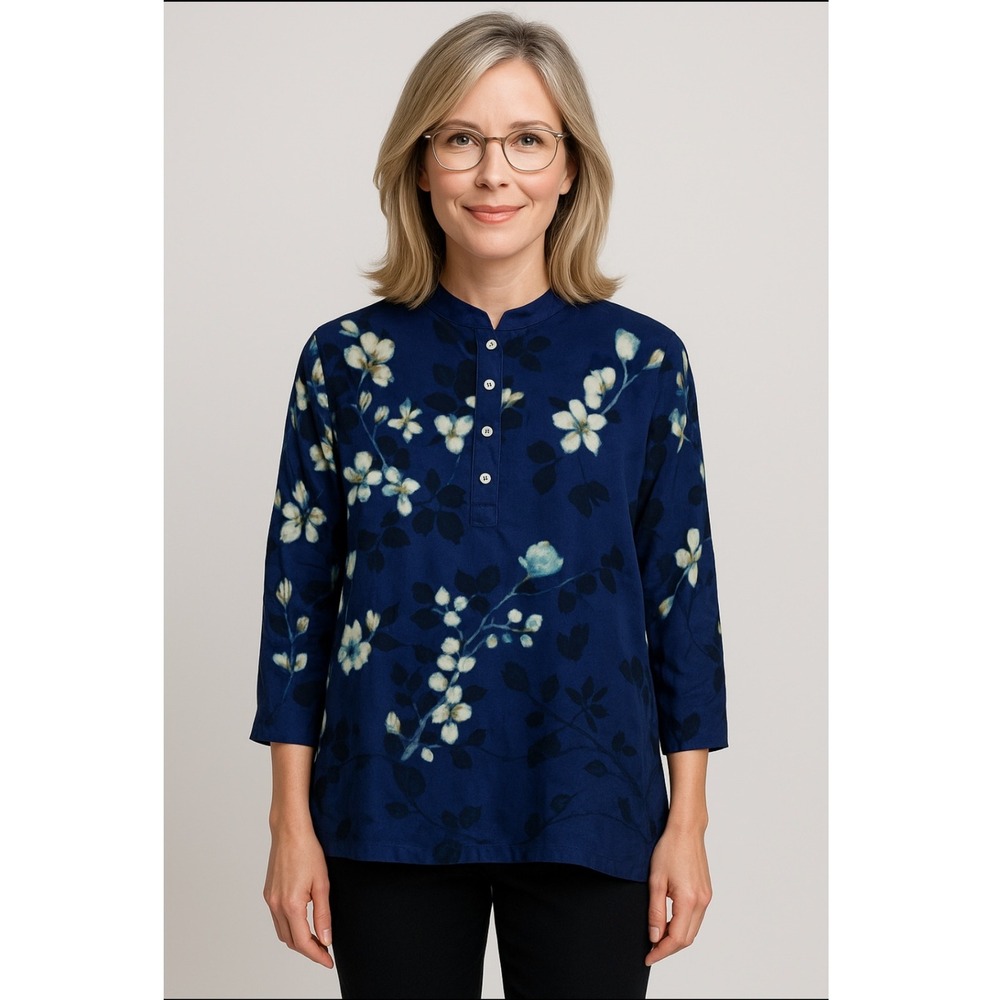 St John Silk Floral‎ Navy Blue Black Button Front Tunic Top Blouse Shirt Small